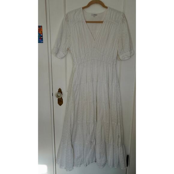 Joe’s Jeans Illana Broderie Dress White Eyelet V-Neck Midi Cotton Sz L - Picture 4 of 8